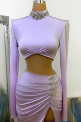 Pink High Neck Long Sleeves Side Slit Ruffles Crystal Prom Dress